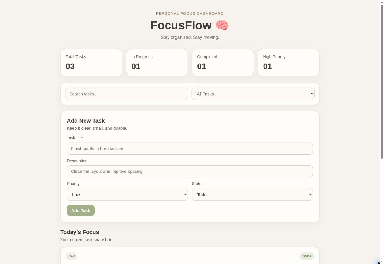 FocusFlow dashboard showing task statistics, search and filter controls, and a task creation form